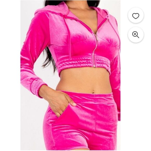 CAPPELLA Velour pink zip-up cropped hooded jacket & shorts set sz (S) - Picture 1 of 10